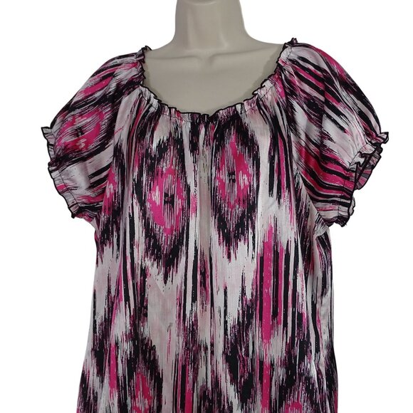 Cato Pink Black Abstract Tunic Top Woman Size 14W 16W Short Sleeve Ruffle Hem - Picture 2 of 5